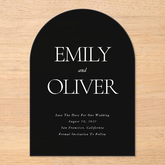 Elegante Zwarte Boogvormige Trouw Acryl Uitnodigingen (Voorkant)