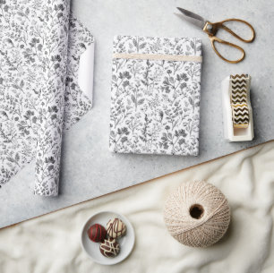 Elegante Zwarte Botanische Illustratie Cadeaupapier