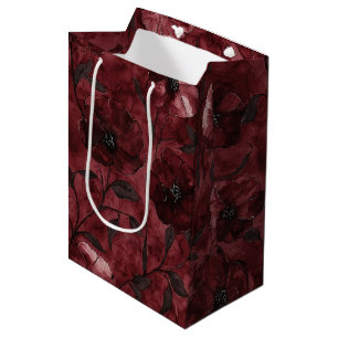 Elegante Zwarte Bourgogne Rode Bloemige Bruids Bru Medium Cadeauzakje
