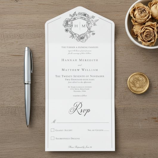 Elegante zwarte Chinoiserie Bird Crest Wedding All In One Uitnodiging