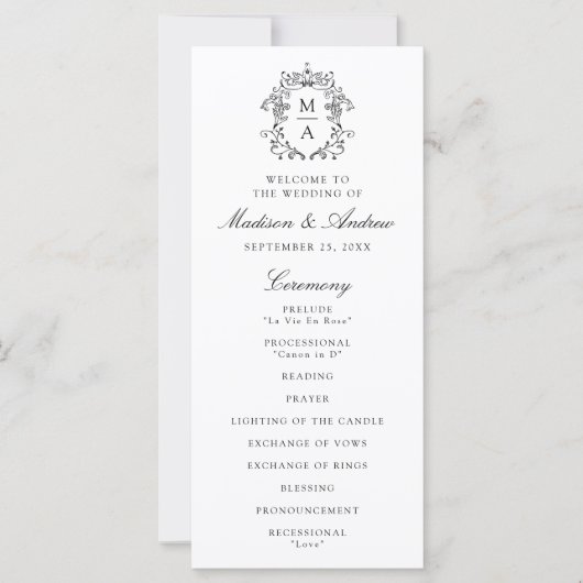 Elegante zwarte Chinoiserie Crest bruiloft program (Voorkant)