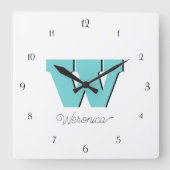 Elegante zwarte cijfers en pastel Blauwgroen monog Vierkante Klok (Voorkant)