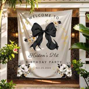 Elegante zwarte Coquette Bow Wildflowers Verjaarda Wandkleed