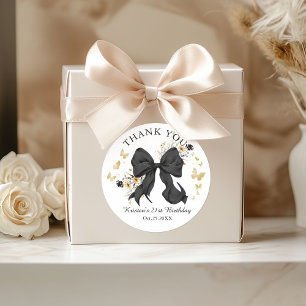 Elegante Zwarte Coquette Strik Wilde Bloemen Dank Ronde Sticker