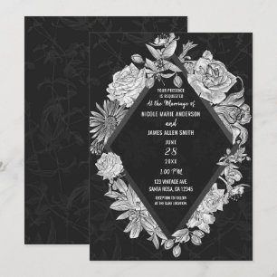 Elegante Zwarte Diamant Vintage Bloemen Bruiloft Kaart