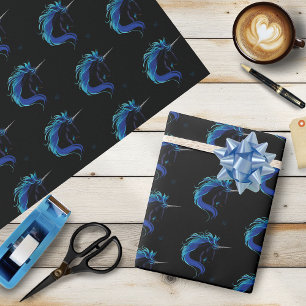 Elegante Zwarte Eenhoorn Blauw Zilver Magische Fan Cadeaupapier