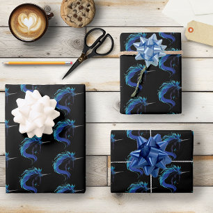 Elegante Zwarte Eenhoorn Blauw Zilver Magische Fan Inpakpapier Vel