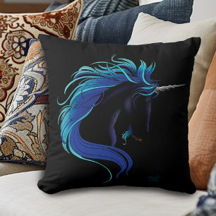 Elegante Zwarte Eenhoorn Blauw Zilver Magische Fan Kussen