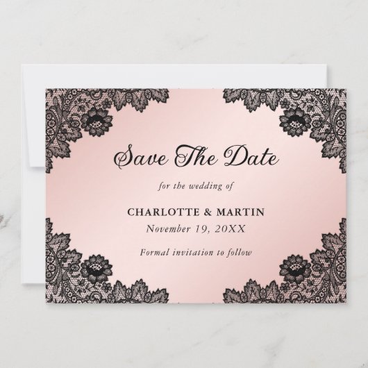 Elegante zwarte en blozen bloemenkant bruiloft save the date (Voorkant)