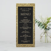 Elegante zwarte en glinsterende gouden bruiloft menu (Staand voorkant)