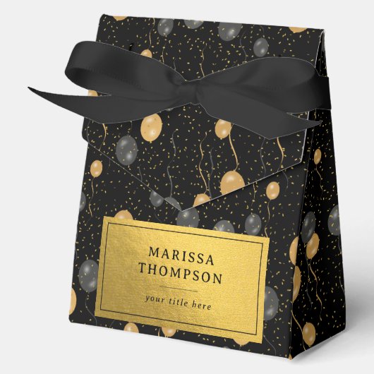 Elegante zwarte en gouden ballonnen bedankdoosjes (Voorkant)