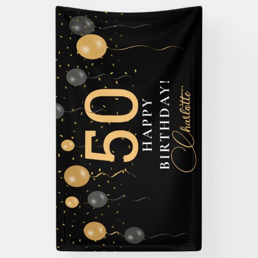 Elegante zwarte en gouden ballonnen verjaardagsfee spandoek (Verticaal)