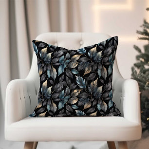 Elegante Zwarte en Gouden Blad Botanisch Motief Kussen