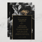 Elegante zwarte en gouden bloemenchique bruiloft kaart (Voorkant / Achterkant)