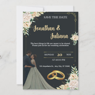 Elegante zwarte en gouden bloemige Save the Date-h Kaart