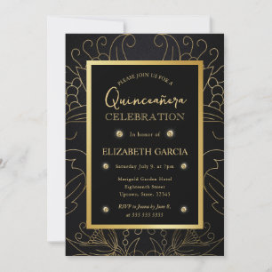 Elegante Zwarte en Gouden Botanische Quinceanera Kaart