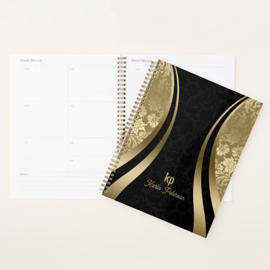Elegante zwarte en gouden damast dynamische streep planner (Display)