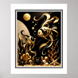 Elegante zwarte en gouden fantasie goudvis oceaan  poster