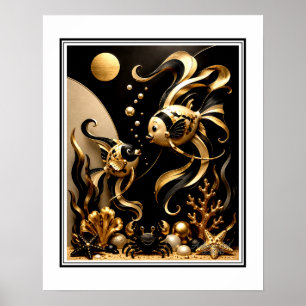 Elegante zwarte en gouden fantasie goudvis oceaan poster