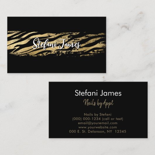 Elegante zwarte en gouden folie tijgerborstelstree visitekaartje (Voorkant / Achterkant)