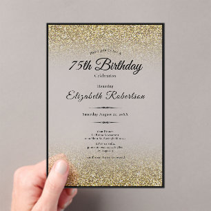 Elegante zwarte en gouden glitters 75ste verjaarda acryl uitnodigingen