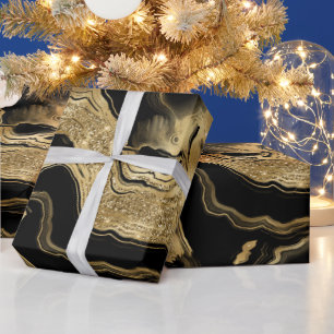 Elegante zwarte en gouden glitters agaat verjaarda cadeaupapier