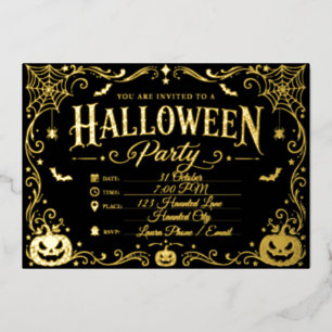 Elegante Zwarte en Gouden Halloween Folie Uitnodiging