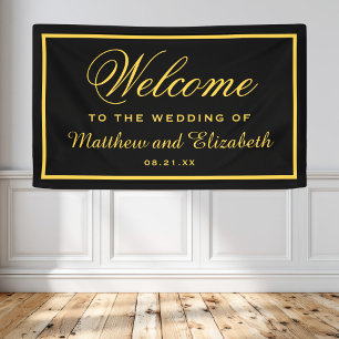 Elegante Zwarte en Gouden Huwelijks Welkom Spandoek