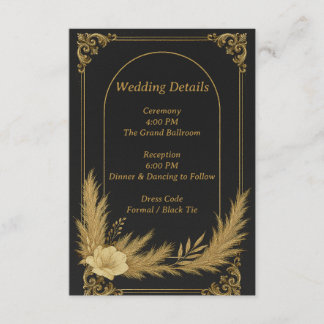 Elegante zwarte en gouden huwelijkskaart met detai informatiekaartje