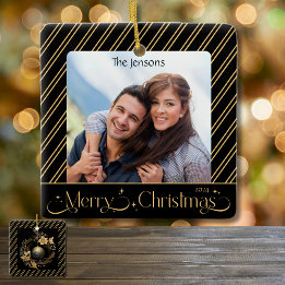 Elegante zwarte en gouden kerstfoto keramisch ornament