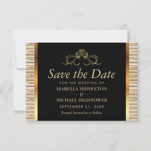 Elegante Zwarte en Gouden Metallic Bruiloft Save The Date (Voorkant)