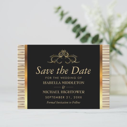 Elegante Zwarte en Gouden Metallic Bruiloft Save The Date (Staand voorkant)