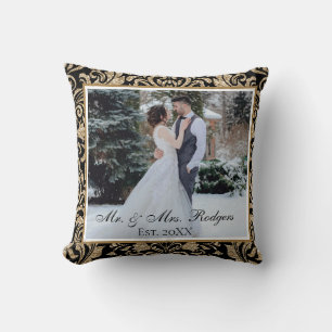 Elegante Zwarte en Gouden Nep Glitter Foto Huwelij Kussen