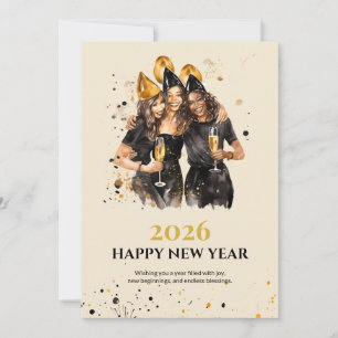 Elegante Zwarte en Gouden Nieuwjaarskaart Feestdagenkaart