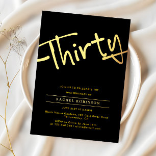 Elegante zwarte en gouden script 30ste verjaardag folie uitnodiging