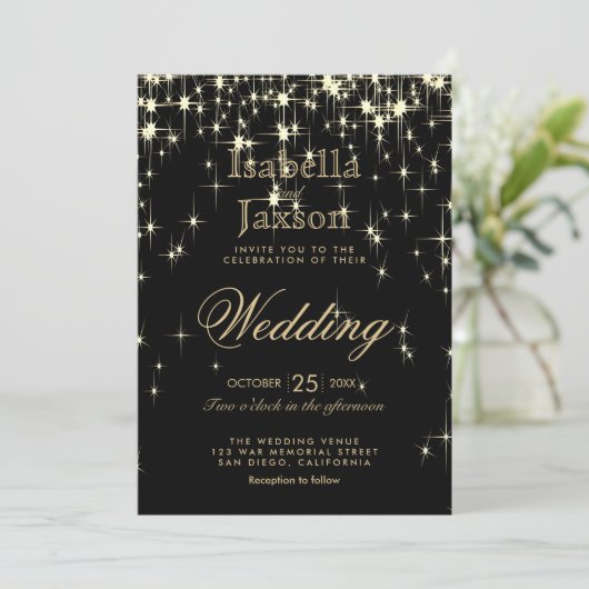 Elegante Zwarte en Gouden Starlights Bruiloft Kaart (Staand voorkant)