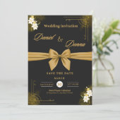 Elegante zwarte en gouden trouwuitnodiging | kaart (Staand voorkant)