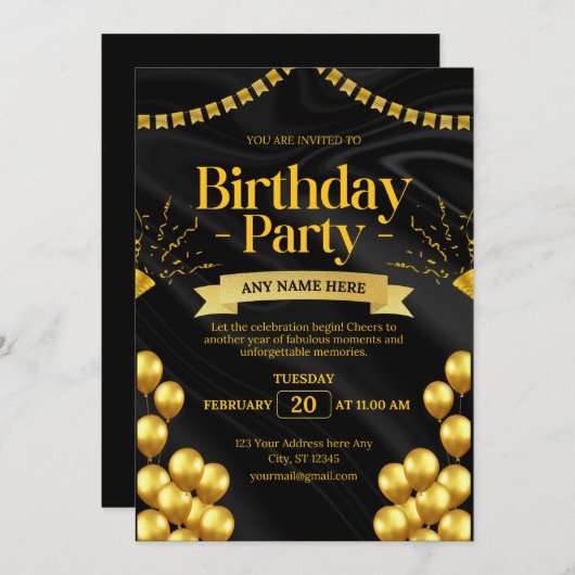 Elegante zwarte en gouden verjaardag uitnodiging | (Voorkant / Achterkant)