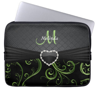 Elegante Zwarte en Groen BloemenPatroon Peridot Laptop Sleeve