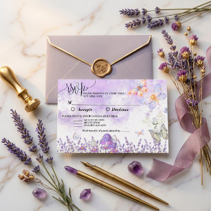 Elegante Zwarte en Paarse Vlinder Bruiloft RSVP Kaartje