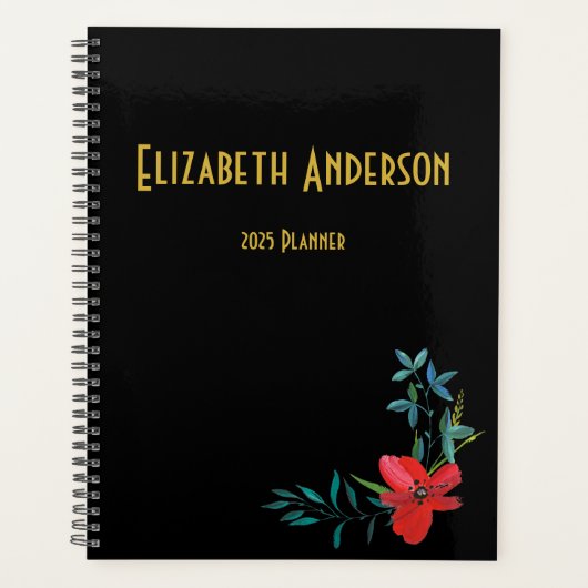 Elegante zwarte en rode bloemen 2021 planner (Voorkant)