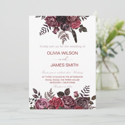 Elegante zwarte en rode rozen bruiloft kaart (Staand voorkant)