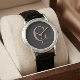 Elegante zwarte en roze gouden monogram calligrafi horloge