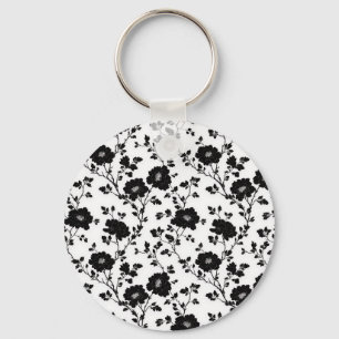 Elegante Zwarte En Witte Bloem Silhouet Botanica Sleutelhanger