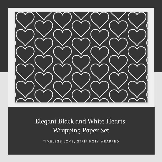 Elegante zwarte en witte harten inpakpapier set
