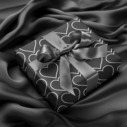 Elegante zwarte en witte harten inpakpapier set