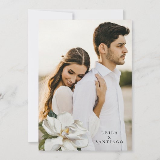 Elegante zwarte en witte Magnolia trouwkaart (Achterkant)