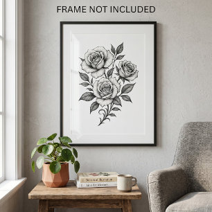 Elegante Zwarte en Witte Rozen Botanisch Poster