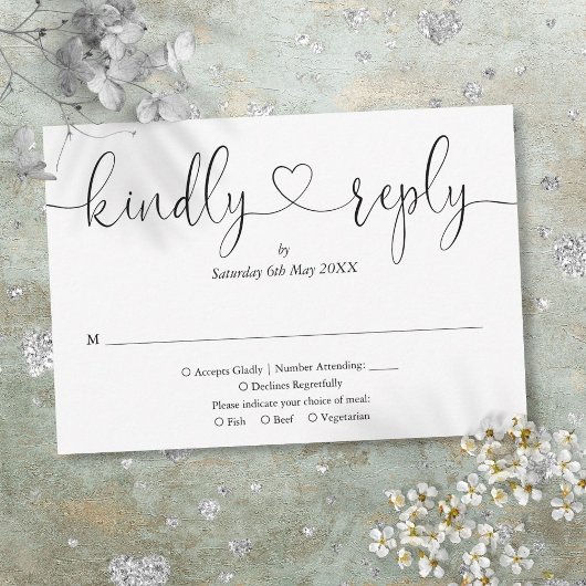 Elegante zwarte en witte script hart vriendelijke  RSVP kaartje