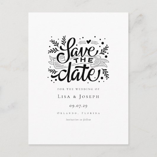 Elegante zwarte en witte script save-the-date aankondigingskaart (Voorkant)